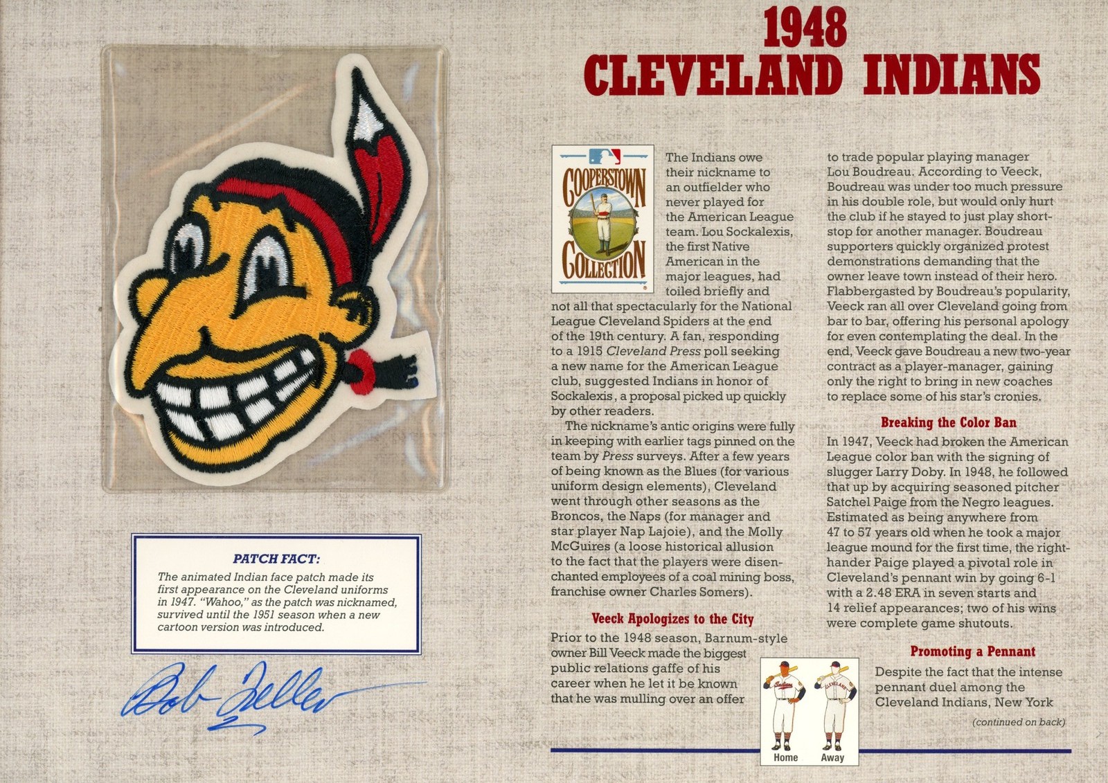 Bob Feller Autographed Cleveland Indians 1948 Patch Stat Card Beckett 54959