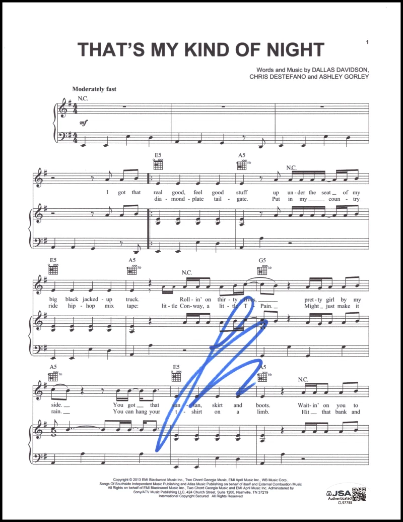 Luke Bryan Signed Autograph That's My Kind of Night Sheet Music w/ JSA COA