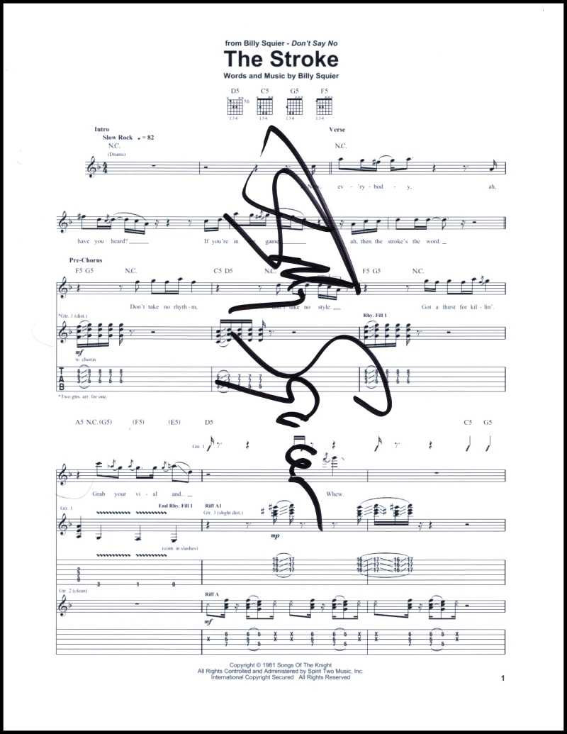 Billy Squier Signed Autograph The Stroke Sheet Music - Don't Say No Rockstar