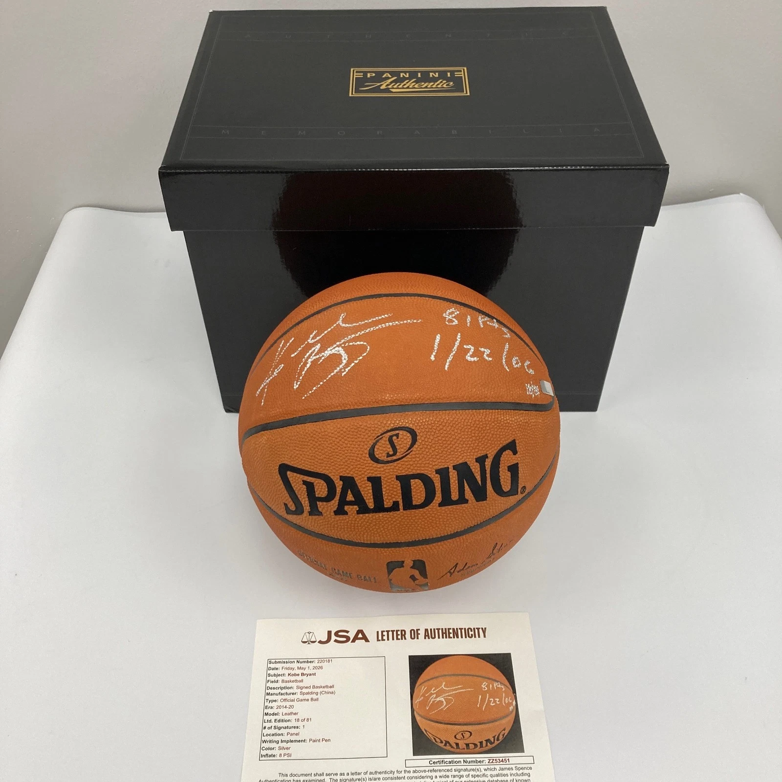 Kobe Bryant 81 Points 1/22/2006 Signed Inscribed NBA Game Basketball Panini JSA