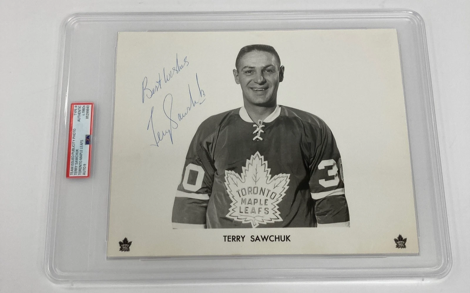 Terry Sawchuk Signed 1960's Toronto Maple Leafs Type III 8x10 Photo PSA 9 MINT
