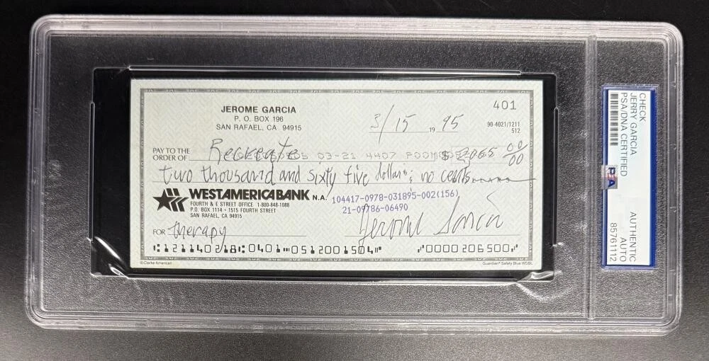 Jerry Garcia Signed Autograph Grateful Dead Rare Bank Check Slab PSA/DNA COA B