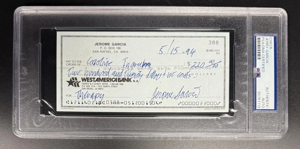 Jerry Garcia Signed Autograph Grateful Dead Rare Bank Check Slab PSA/DNA COA C