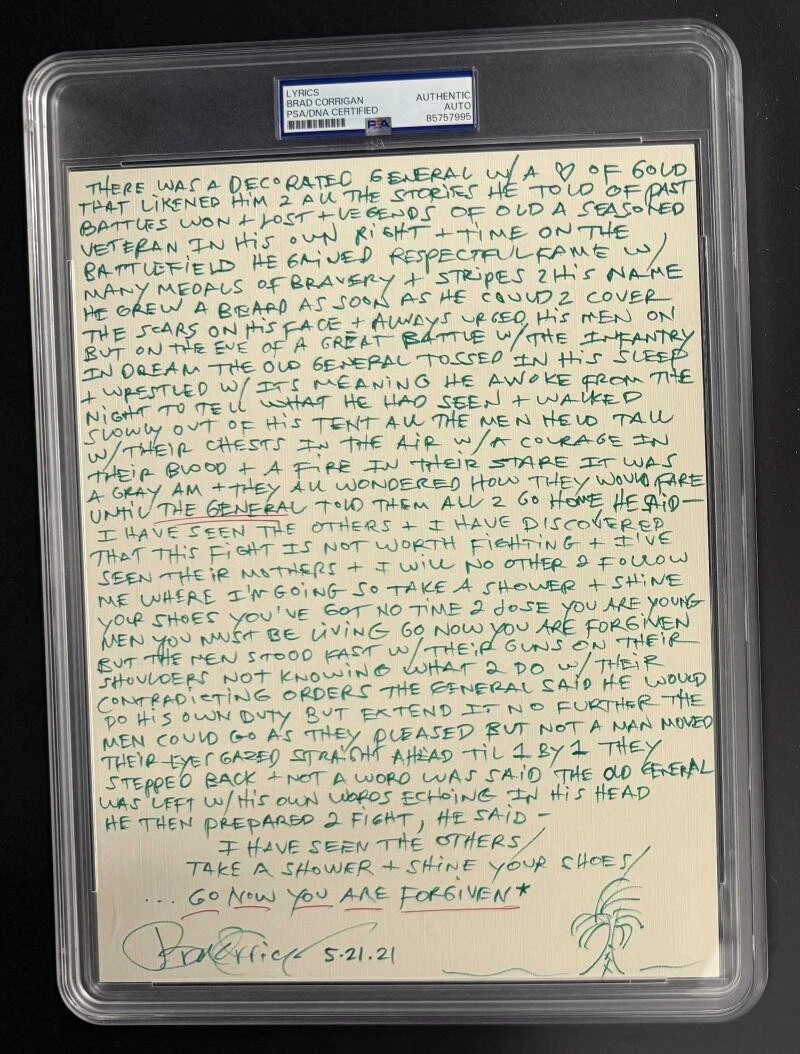 Brad Corrigan Signed Autograph PSA/DNA Dispatch Hand Written The General Lyrics