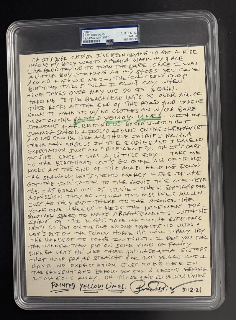 Brad Corrigan Signed Autograph PSA/DNA Dispatch Painted Yellow Lines Lyrics COA