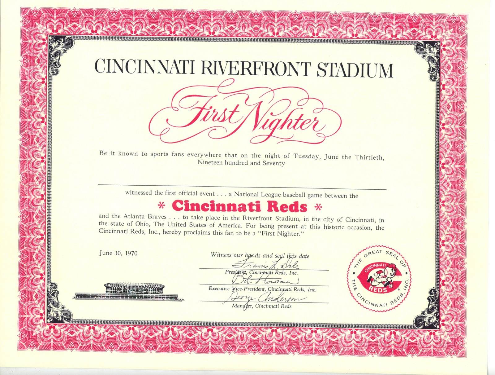 Cincinnati Reds Inaugural 1st Nighter Riverfront 6/30/1970 Certificate 56268