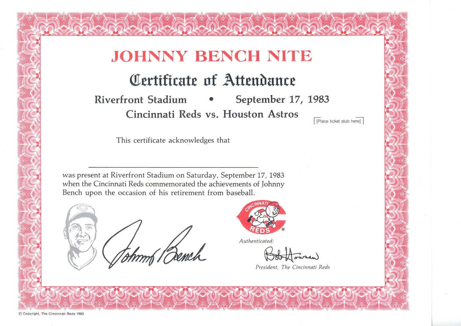 Johnny Bench Night Cincinnati Reds 9/17/1983 Retirement Certificate 56271