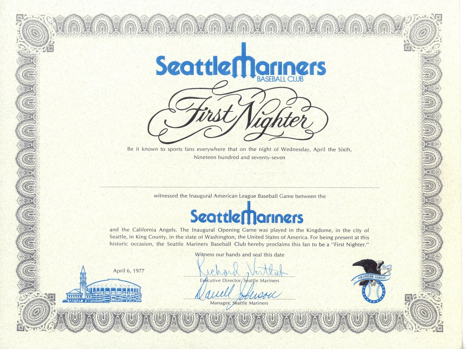 Seattle Mariners Inaugural First Nighter 04/06/1977 Certificate 56267