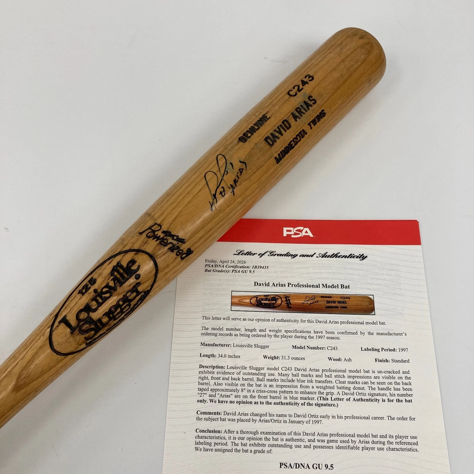 The Finest 1997 David Ortiz Rookie Signed Game Used Bat PSA DNA 9.5 1/1