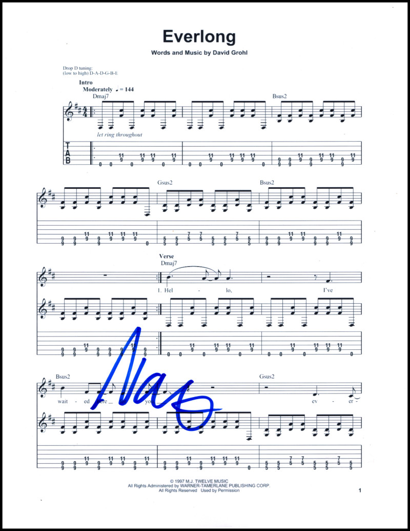 Nate Mendel Signed Autograph Foo Fighters Everlong Sheet Music w/ Dave Grohl