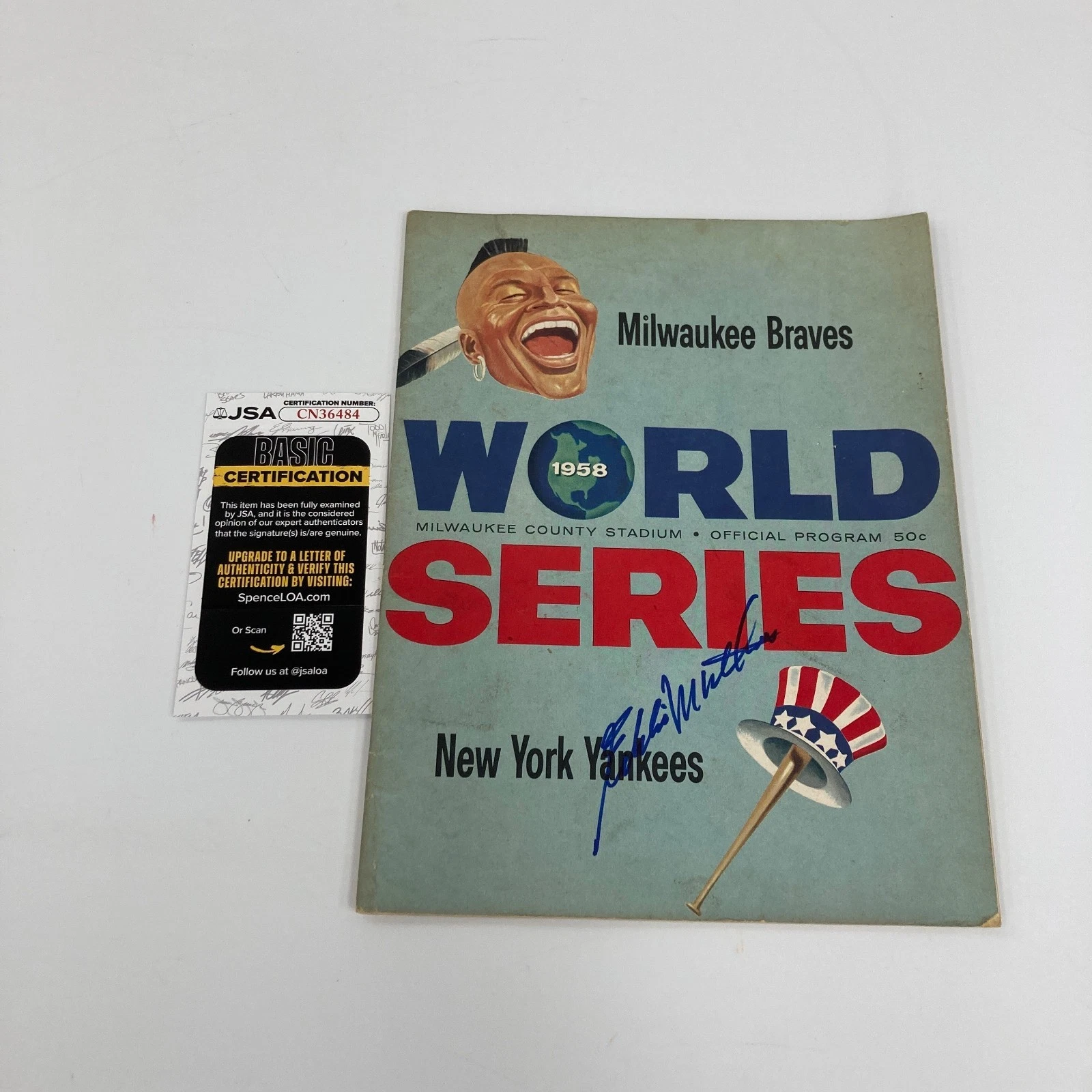 Eddie Mathews Signed 1958 World Series Original Program Yankees Braves JSA COA
