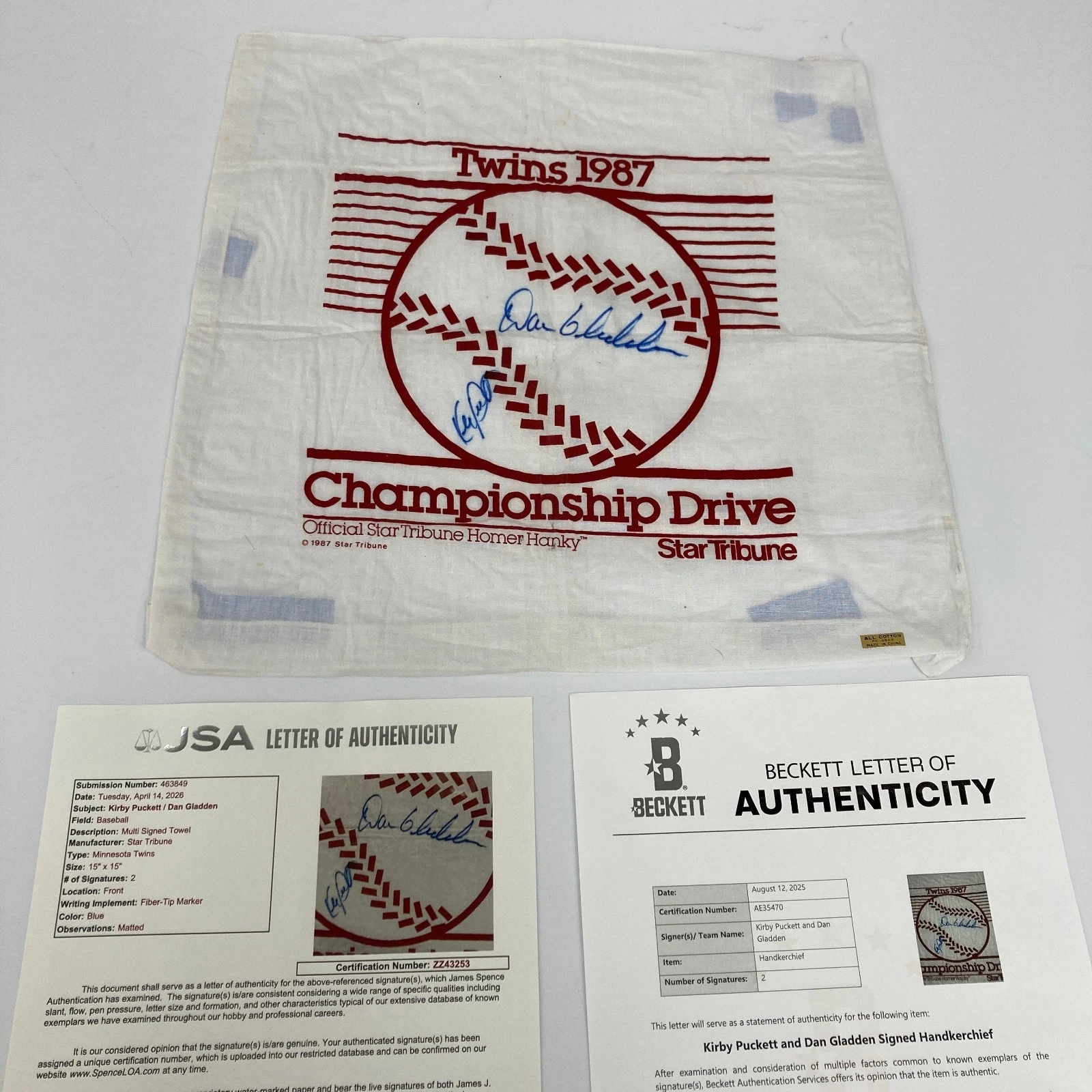 Kirby Puckett Signed 1987 Minnesota Twins Homer Hanky JSA & Beckett COA
