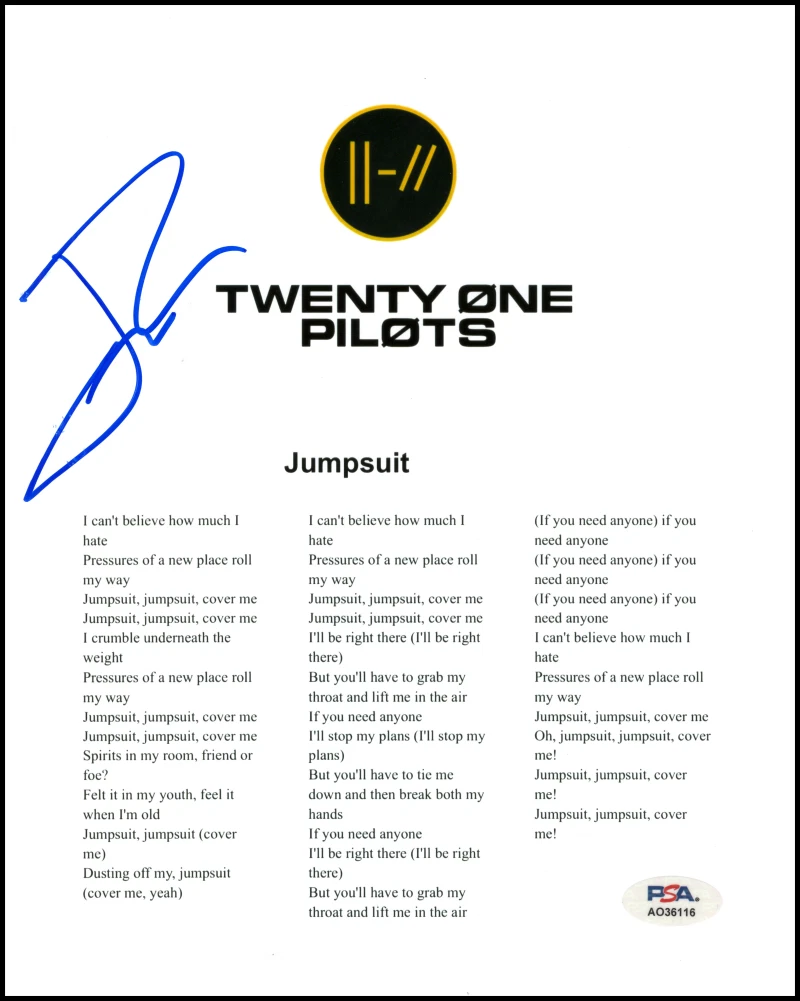 Josh Dun Twenty One Pilots Signed Autograph Jumpsuit Sheet Music w/ PSA COA