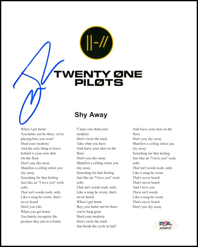 Josh Dun Twenty One Pilots Signed Autograph Shy Away Sheet Music w/ PSA COA