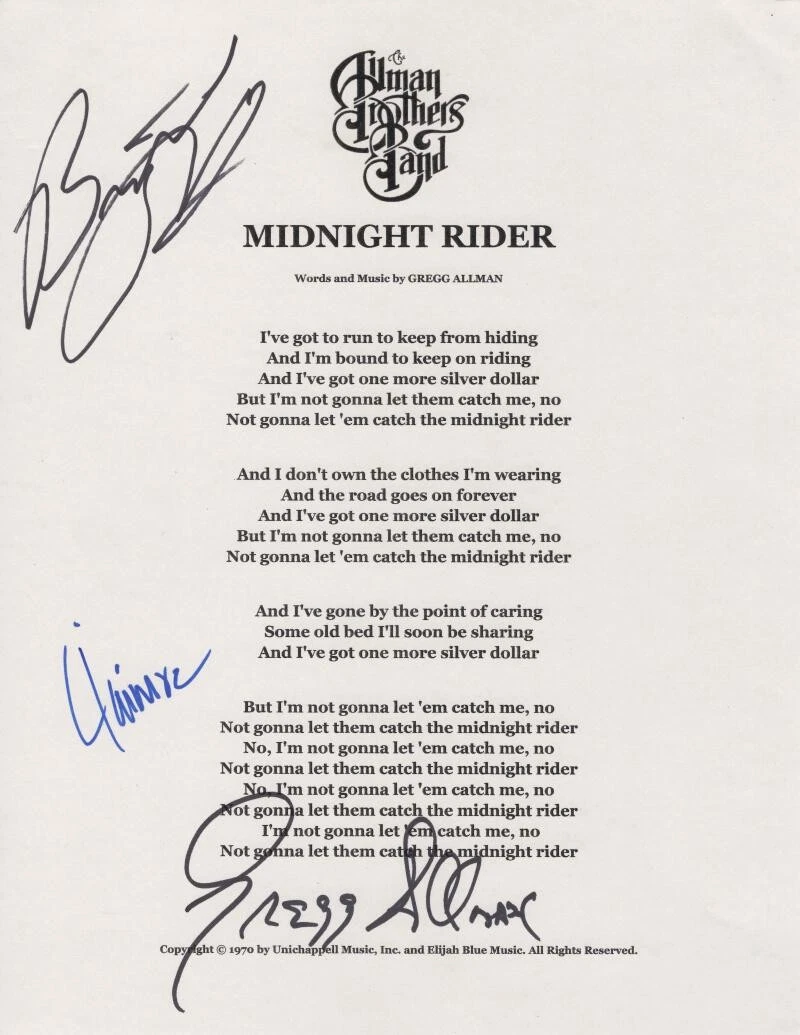 Allman Brothers Band x3 Signed Autograph Midnight Rider Lyric Sheet w/ JSA COA