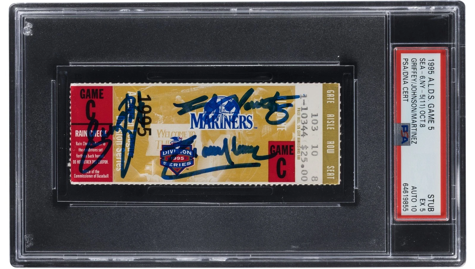 Ken Griffey Jr. & Randy Johnson Signed 1995 ALDS Game 5 Ticket PSA 10 GEM MINT