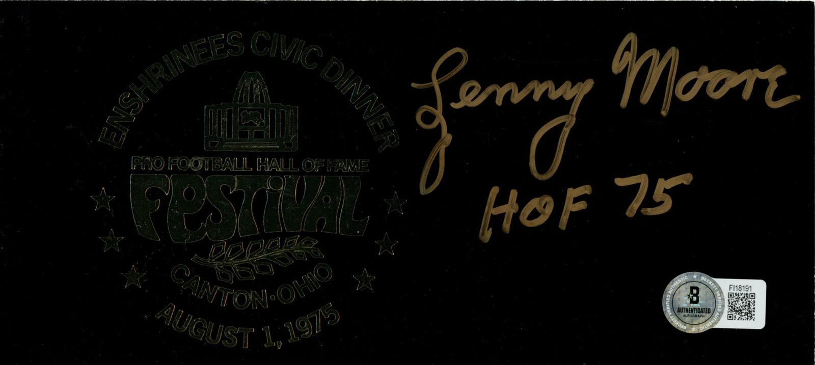 Lenny Moore Autographed Baltimore Colts 1975 Enshrinees Dinner Ticket BAS 57233