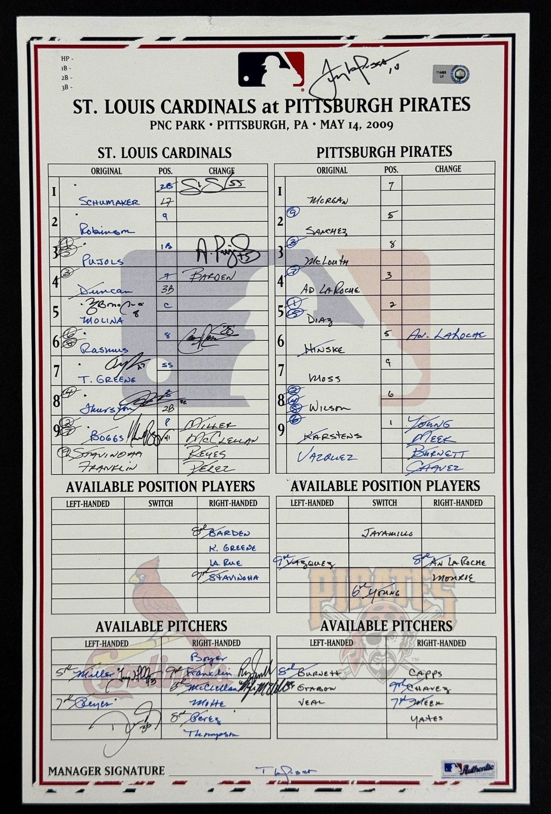 2009 St. Louis Cardinals Team Signed Game Used Lineup Card Albert Pujols Beckett