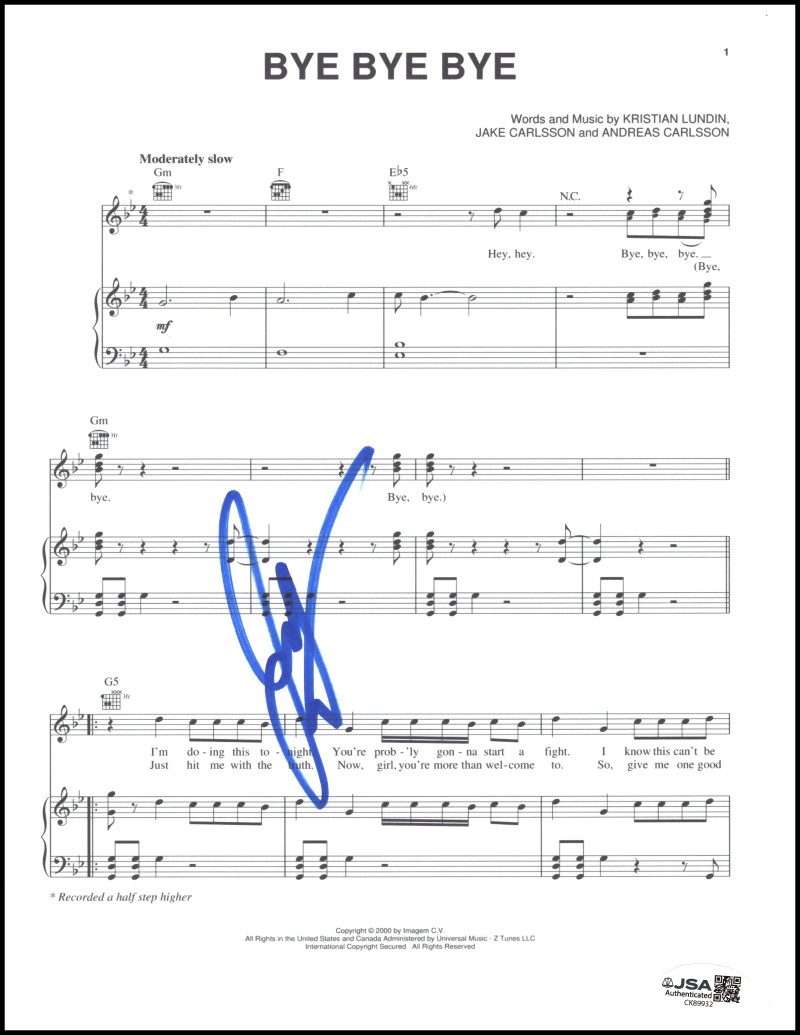 Joey Fatone NSYNC Signed Autograph Bye Bye Bye Sheet Music w/ JSA COA