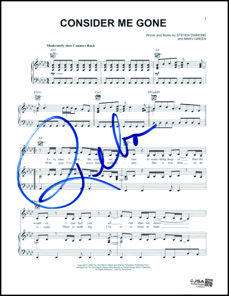 Reba McEntire Signed Autograph Consider Me Gone Sheet Music w/ JSA COA
