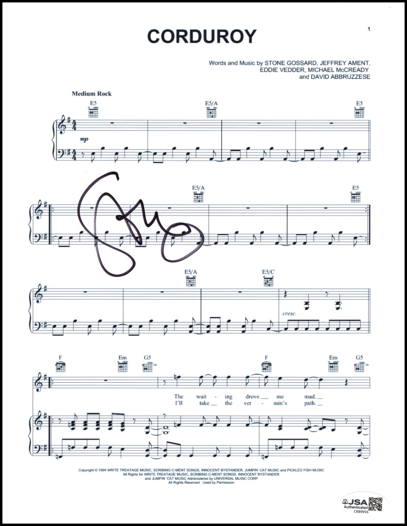 Stone Gossard Pearl Jam Signed Autograph Corduroy Sheet Music - Vitalogy JSA COA