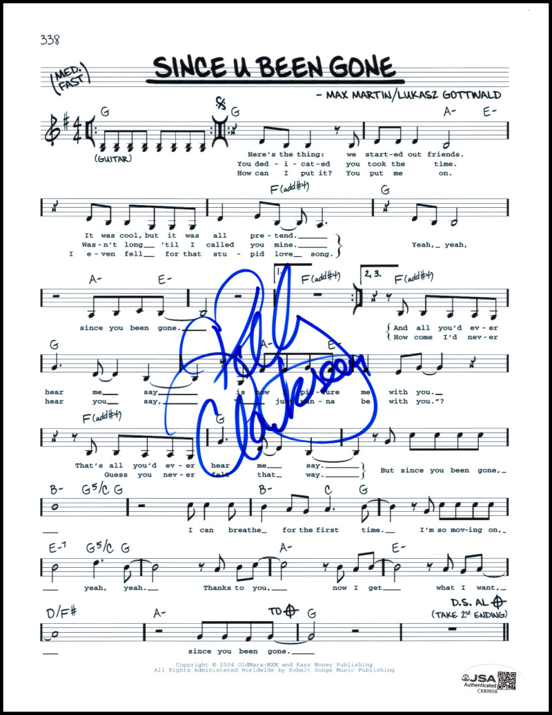 Kelly Clarkson Signed Autograph Since U Been Gone Sheet Music w/ JSA COA