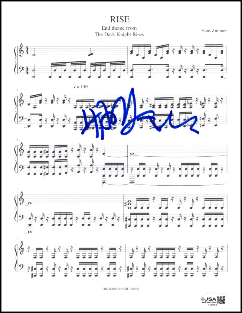 Hans Zimmer Signed Autograph Rise Sheet Music from The Dark Knight Rises JSA COA
