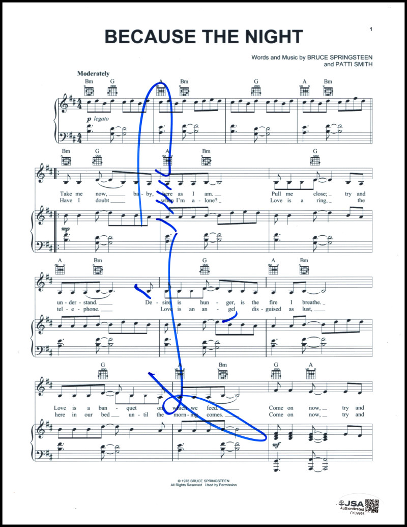 Patti Smith Signed Autograph Because The Night Sheet Music w/ Bruce Springsteen
