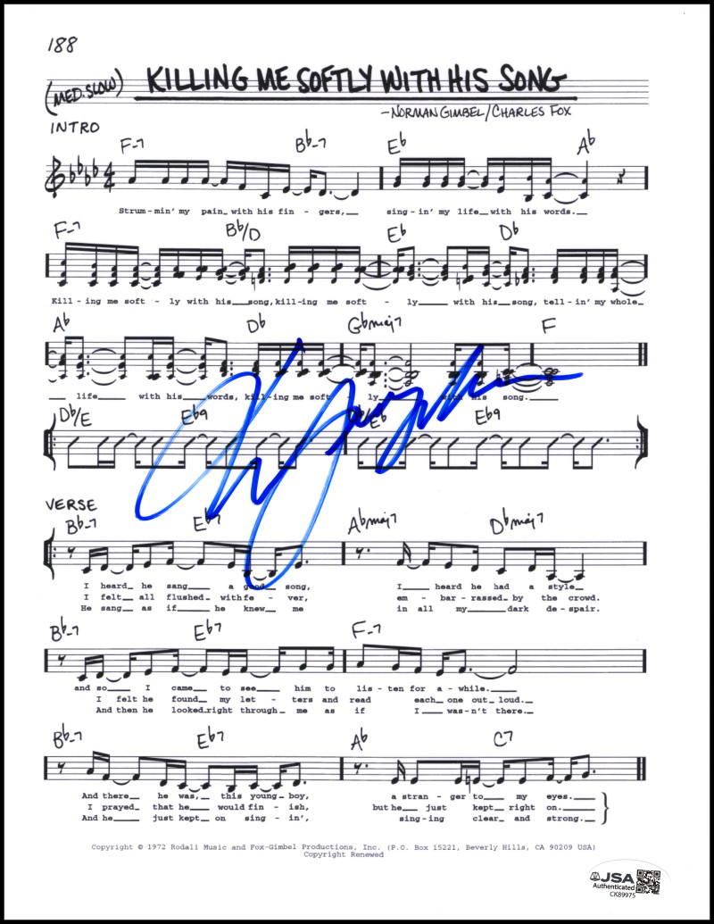 Lauryn Hill Fugees Signed Autograph Killing Me Softly Sheet Music w/ JSA COA