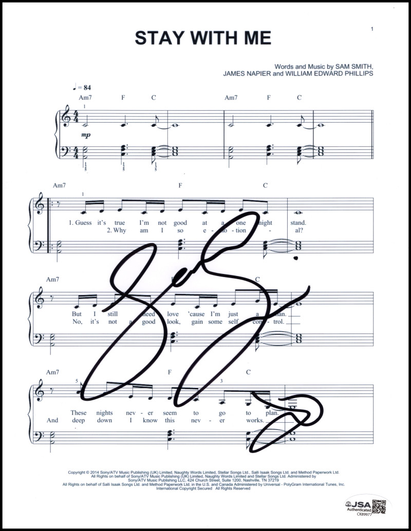 Sam Smith Signed Autograph Stay With Me Sheet Music - In the Lonely Hour JSA COA