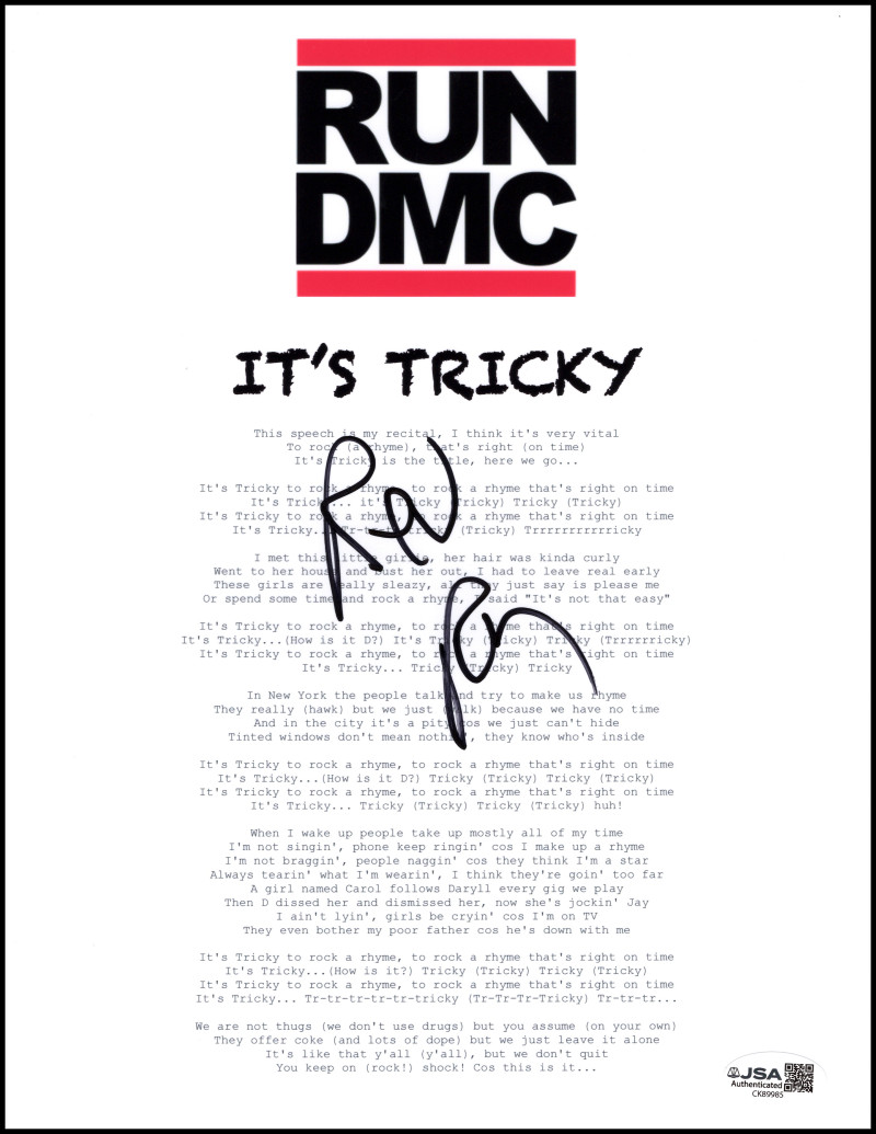 Rev Run Run-DMC Signed Autograph It's Tricky Lyric Sheet - Run's House JSA COA