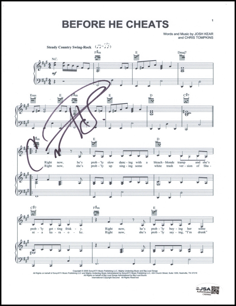 Carrie Underwood Signed Autograph Before He Cheats Sheet Music - Some Hearts JSA