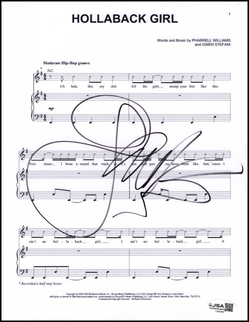 Gwen Stefani No Doubt Signed Autograph Hollaback Girl Sheet Music w/ JSA COA