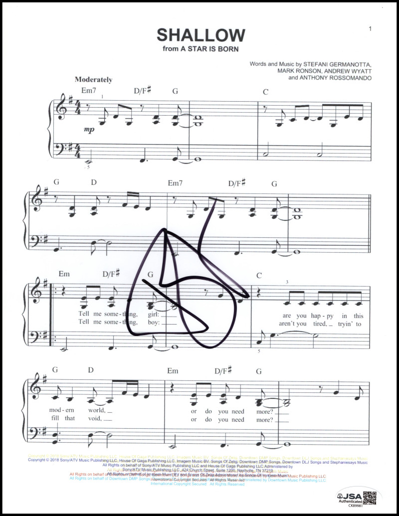 Bradley Cooper Signed Autograph A Star Is Born - Shallow Sheet Music w/ JSA COA