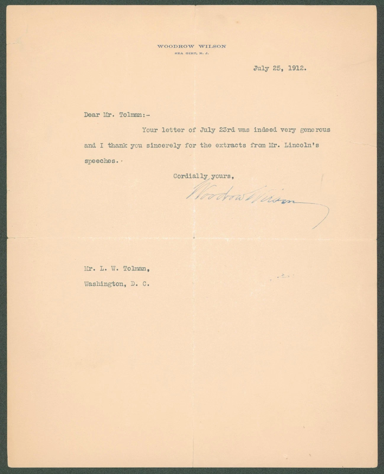 Woodrow Wilson Authentic Signed 8x10 Letter Dated July 25, 1912 BAS #AB14552