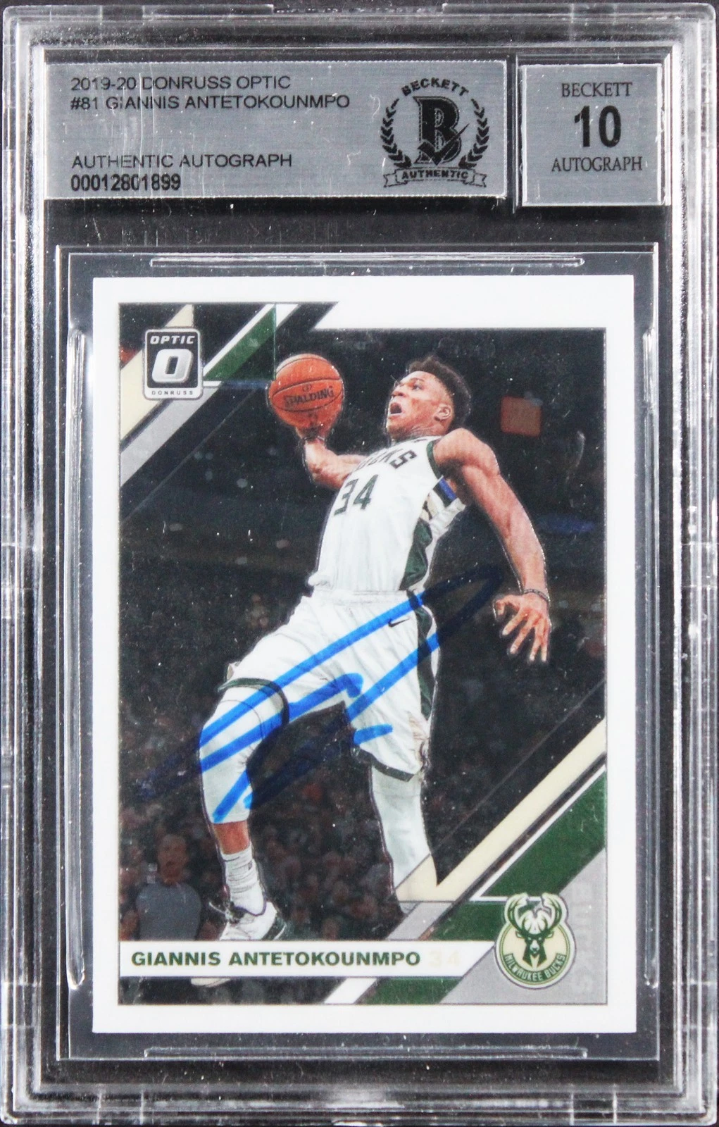 Bucks Giannis Antetokounmpo Signed 2019 Donruss Optic #81 Card Auto 10! BAS Slab