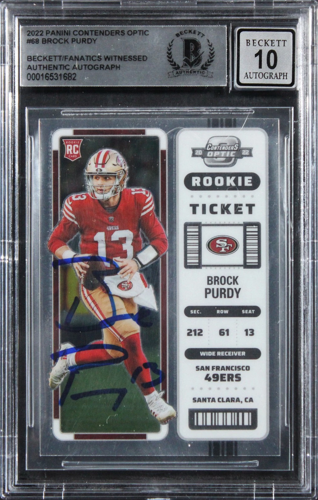 49ers Brock Purdy Signed 2022 Panini Contenders #68 RC Card Auto 10! BAS Slabbed