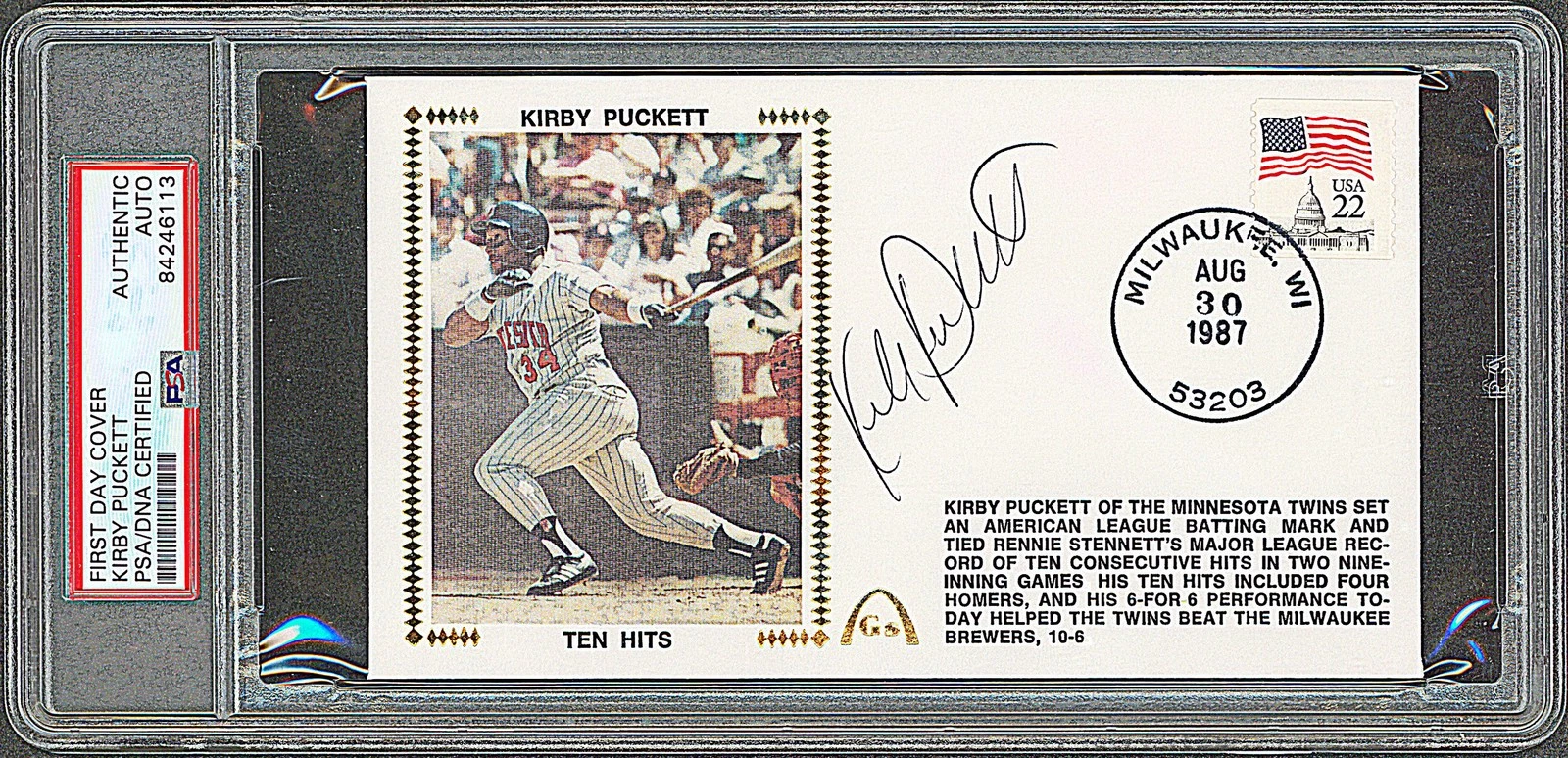Twins Kirby Puckett Signed First Day Cover Postmarked August 30, 1987 PSA Slab