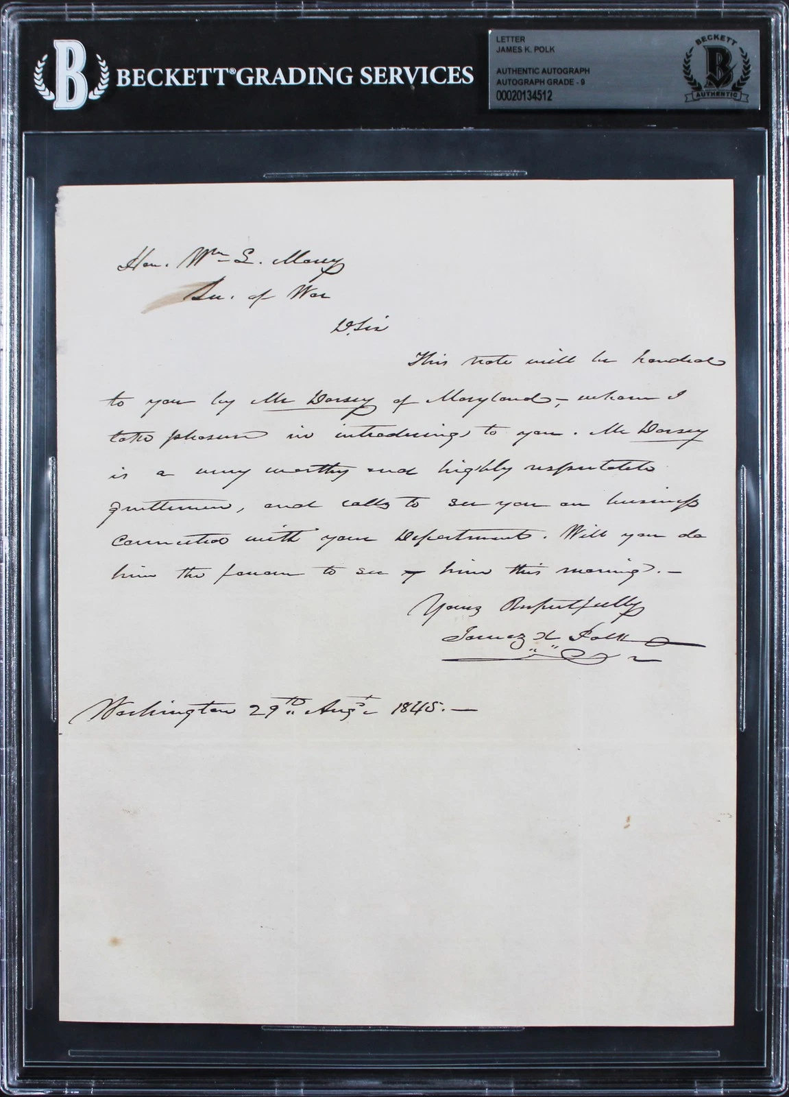 James K. Polk Signed 7.5x9.25 August 1845 Handwritten Letter Auto 9 BAS Slab