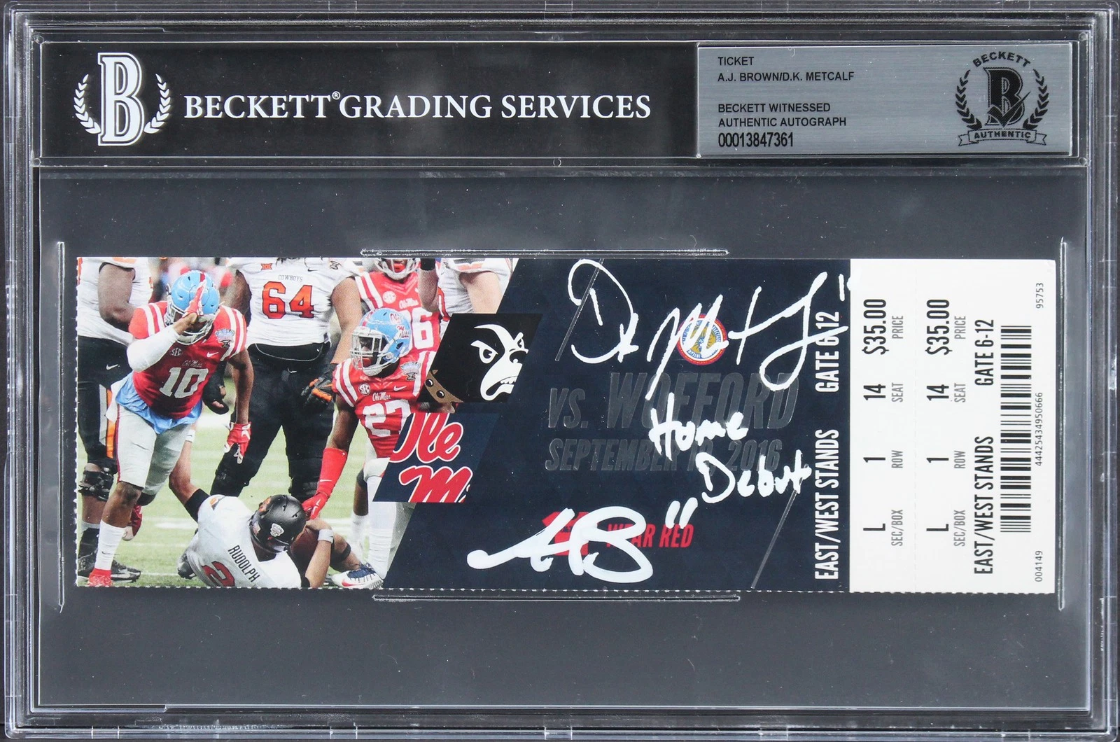 Ole Miss A.J. Brown & D.K. Metcalf Home Debut  Signed 2016 Ticket Stub BAS Slab