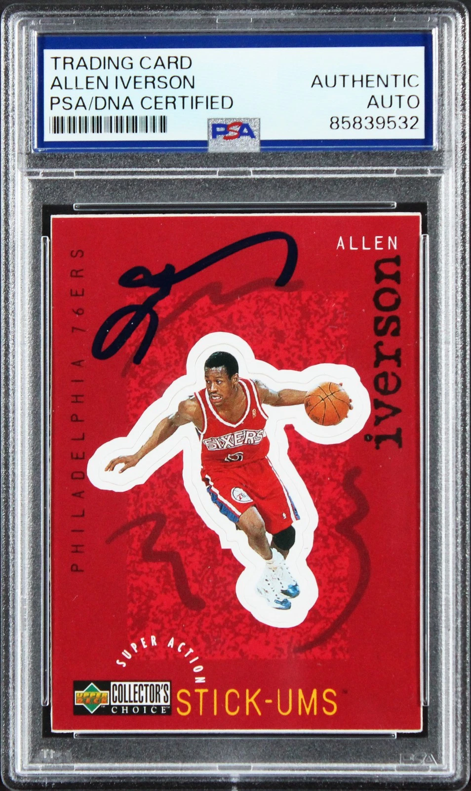 76ers Allen Iverson Signed 1997 Upper Deck Stick-Ums #S20 Card PSA/DNA Slabbed