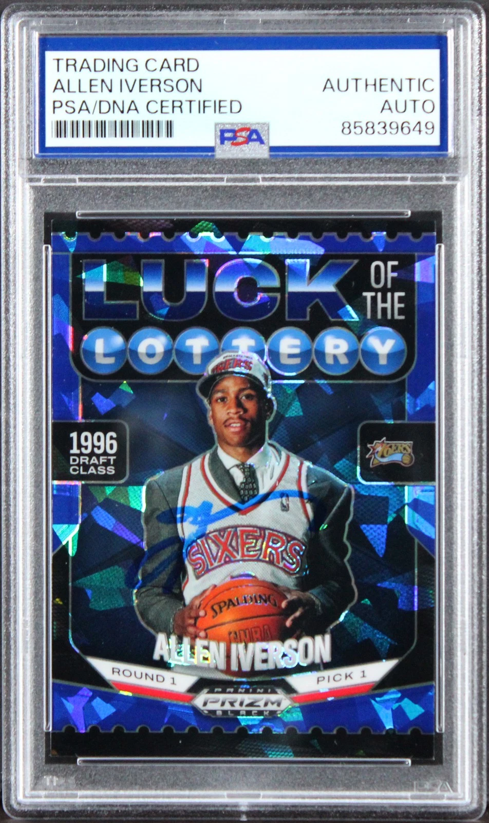 76ers Allen Iverson Signed 2024 Panini Prizm Lottery #1 67/125 Card PSA/DNA Slab