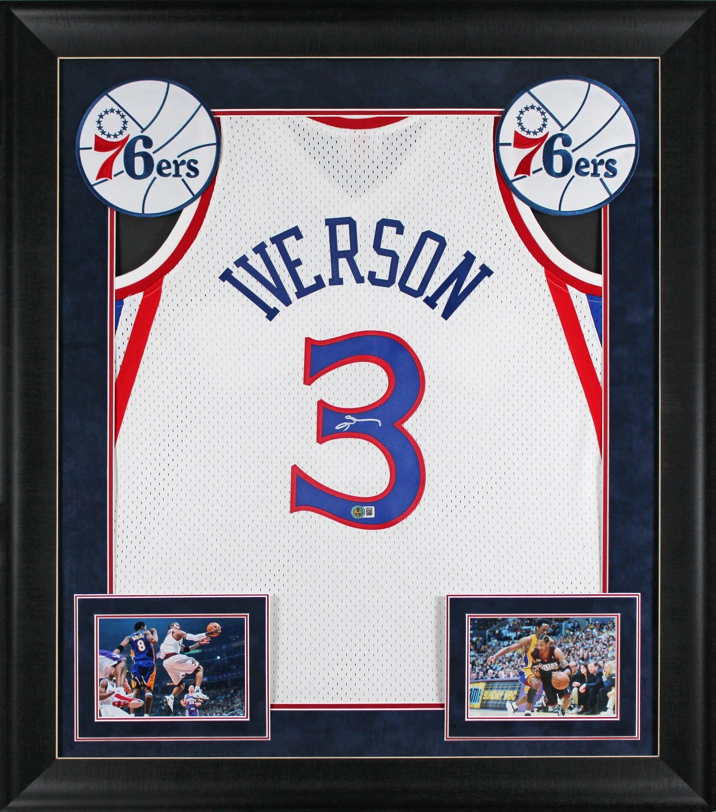 76ers Allen Iverson Signed White M&N HWC Authentic Framed Jersey BAS Witnessed