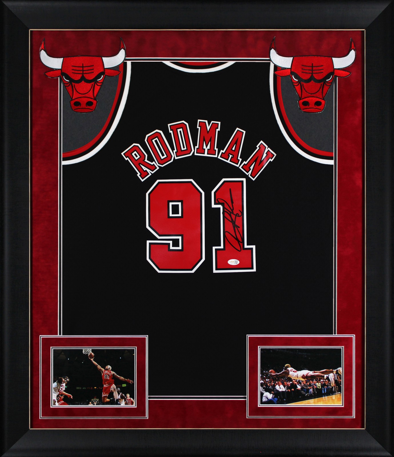 Bulls Dennis Rodman Signed Black M&N HWC Swingman Framed Jersey w/ Black Sig JSA