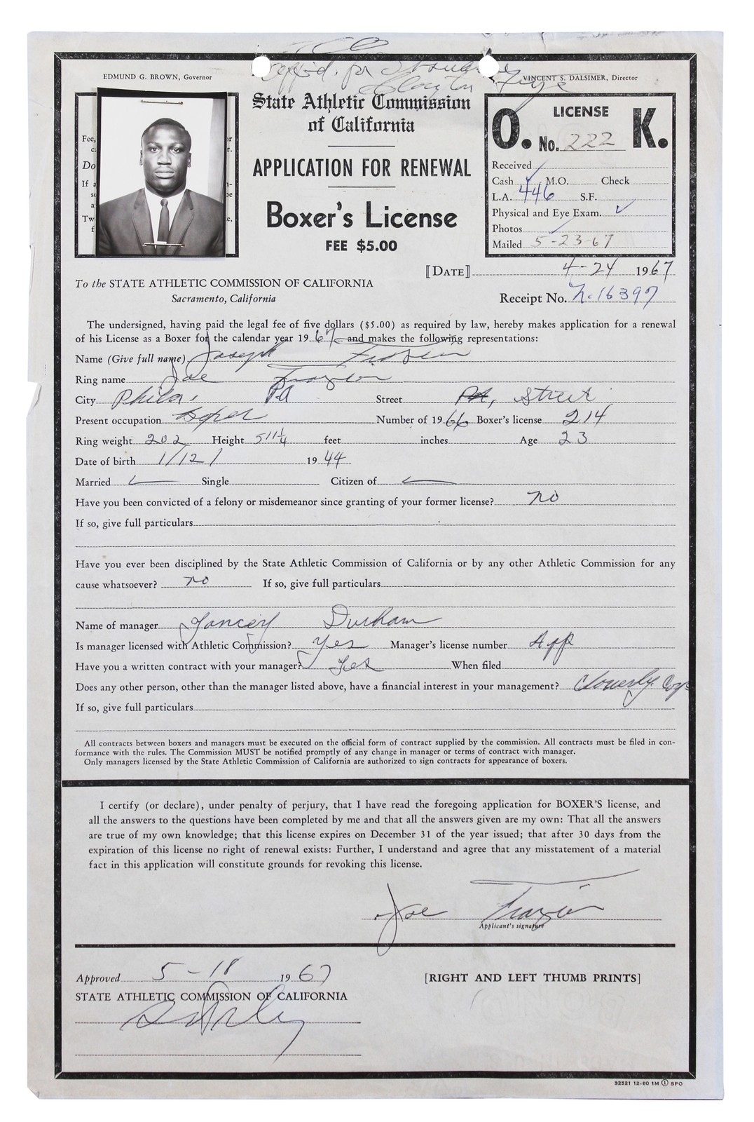 Joe Frazier Authentic Signed 8.5x13 1967 Boxing License Renewal App JSA #ZZ80605