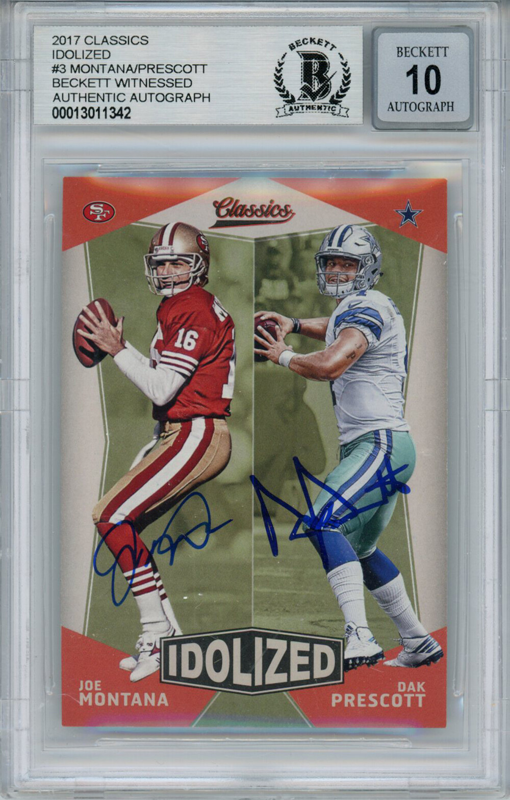 Joe Montana & Dak Prescott 2017 Idolized Classics Trading Card BAS 10 Slab 32779