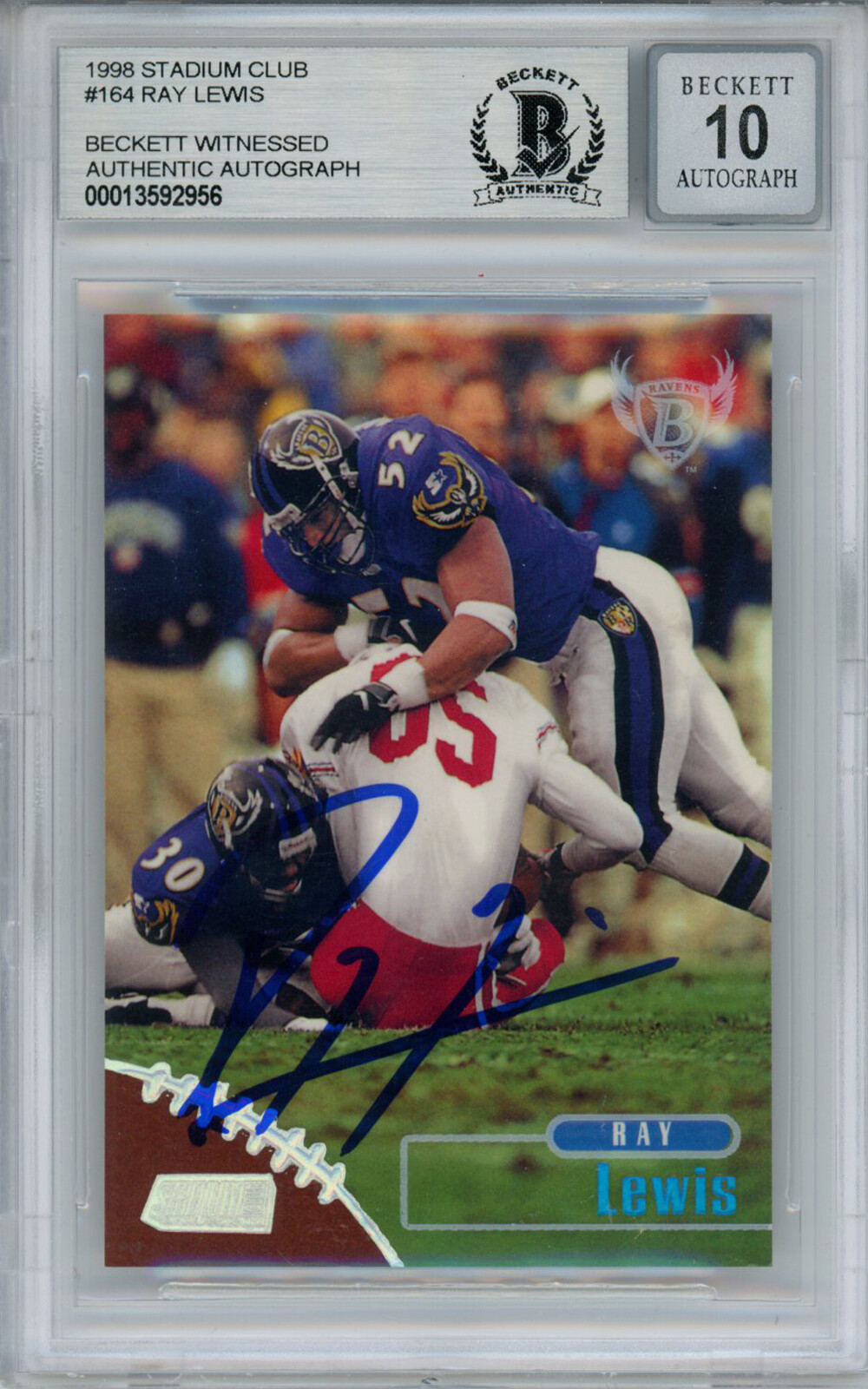 Ray Lewis Signed 1998 Stadium Club #164 Trading Card Beckett 10 Slab 35247