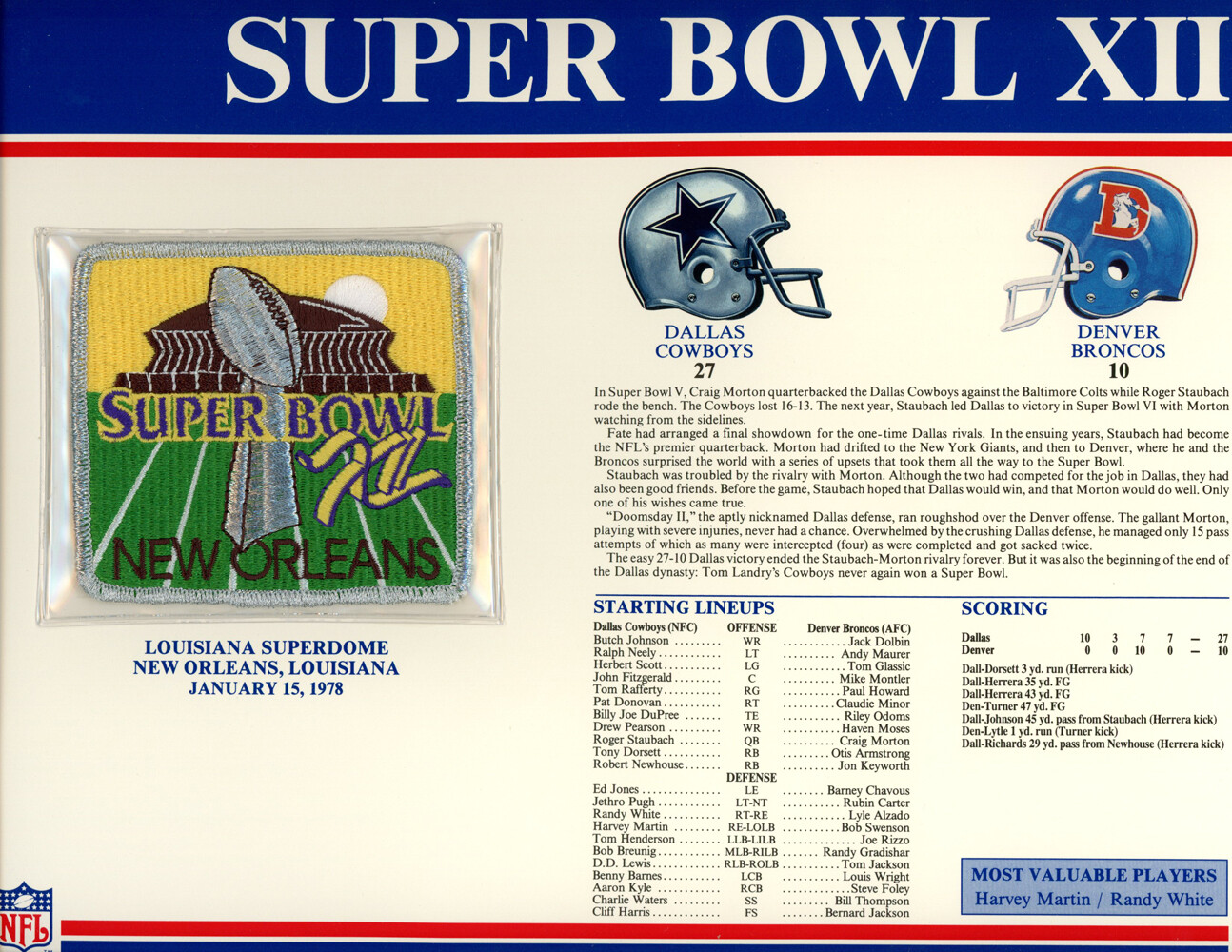 Super Bowl XII Patch Stat Card Official Willabee & Ward 35706
