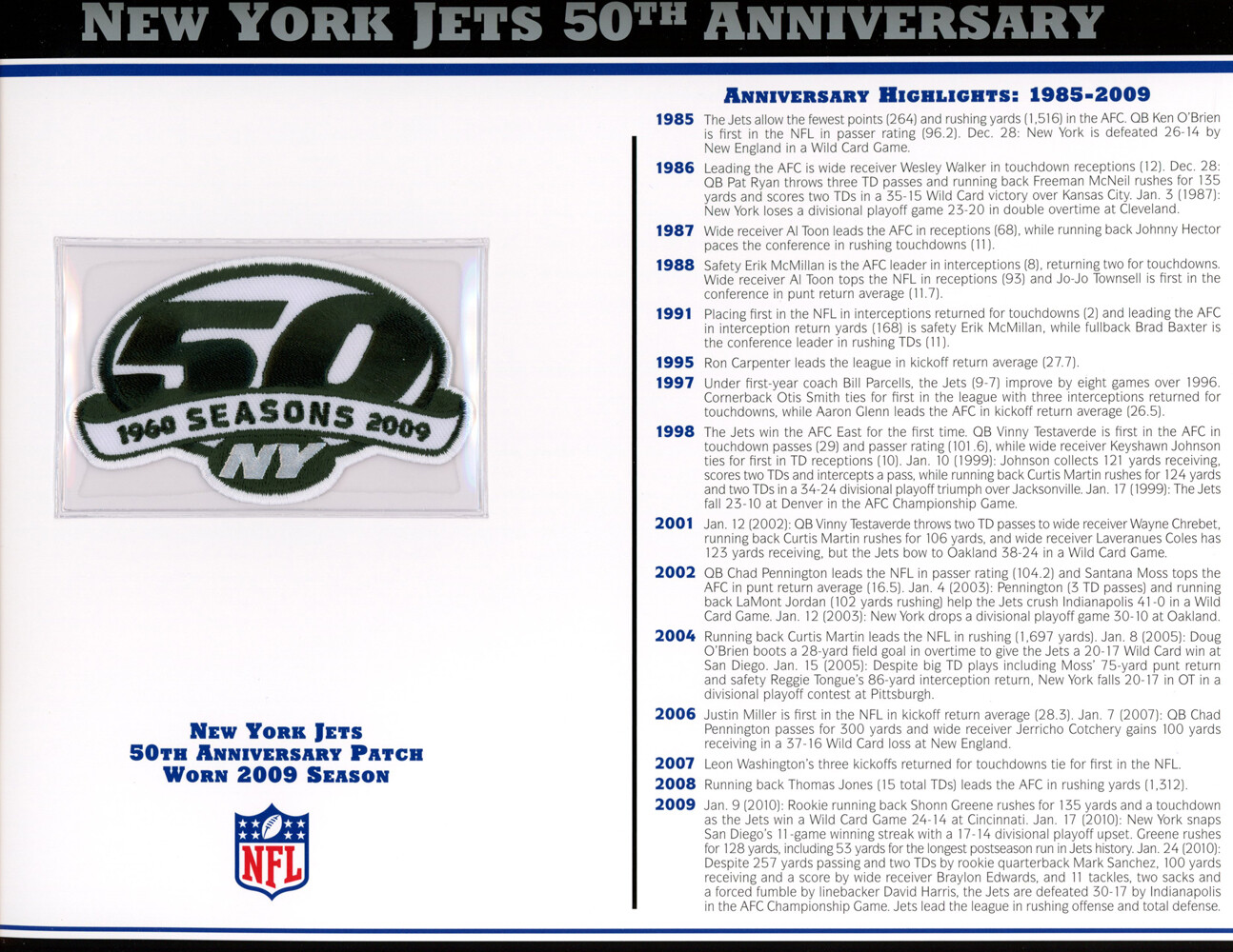 New York Jets 50th Anniversary Patch Stat Card Official Willabee & Ward 36719