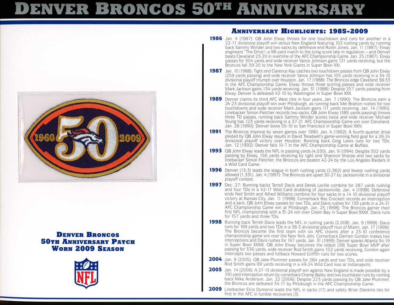 Denver Broncos 50th Anniversary Patch Stat Card Official Willabee & Ward 36720